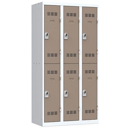 Svařovaná šatní skříň Vinco, 3 sloupce, 6 boxů, 300 mm, otočný uzávěr, šedá/hnědá