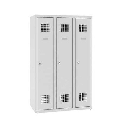 Snížená školní šatní skříň, 3 sloupce, 300 mm, šedá/šedá, tříbodový cylindrický zámek