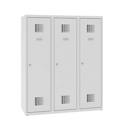 Snížená školní šatní skříň, 3 sloupce, 400 mm, šedá/šedá, tříbodový cylindrický zámek