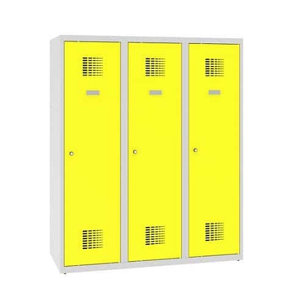 Snížená školní šatní skříň, 3 sloupce, 400 mm, šedá/žlutá, tříbodový cylindrický zámek