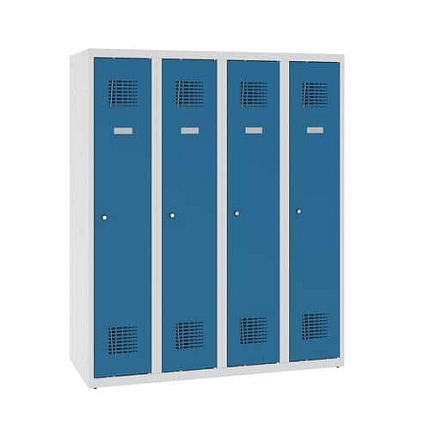 Snížená školní šatní skříň, 4 sloupce, 300 mm, šedá/modrá, tříbodový cylindrický zámek