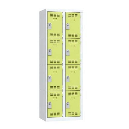 Svařovaná šatní skříň Vinco, 2 sloupce, 8 boxů, 300 mm, cylindrický zámek, šedá/zelená