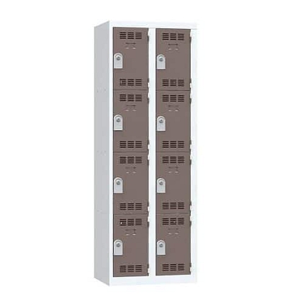 Svařovaná šatní skříň Vinco, 2 sloupce, 8 boxů, 300 mm, cylindrický zámek, šedá/hnědá