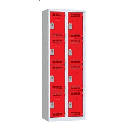 Svařovaná šatní skříň Vinco, 2 sloupce, 8 boxů, 300 mm, cylindrický zámek, šedá/červená