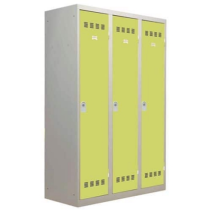 Svařovaná šatní skříň Vinco s mezistěnou, 3 oddíly, 400 mm, cylindrický zámek, šedá/zelená