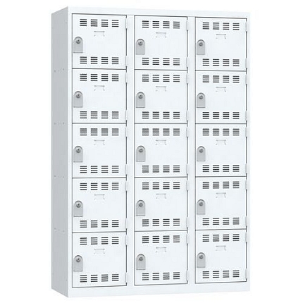 Svařovaná šatní skříň Vinco, 3 sloupce, 15 boxů, 400 mm, cylindrický zámek, šedá/šedá