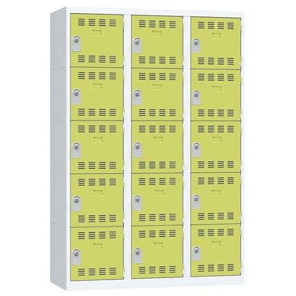 Svařovaná šatní skříň Vinco, 3 sloupce, 15 boxů, 400 mm, cylindrický zámek, šedá/zelená