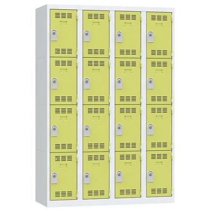Svařovaná šatní skříň Vinco, 4 sloupce, 16 boxů, 300 mm, cylindrický zámek, šedá/zelená