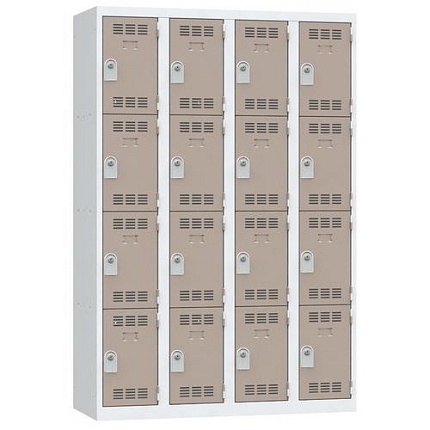 Svařovaná šatní skříň Vinco, 4 sloupce, 16 boxů, 300 mm, cylindrický zámek, šedá/hnědá