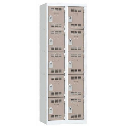 Svařovaná šatní skříň Vinco, 2 sloupce, 10 boxů, 300 mm, cylindrický zámek, šedá/hnědá