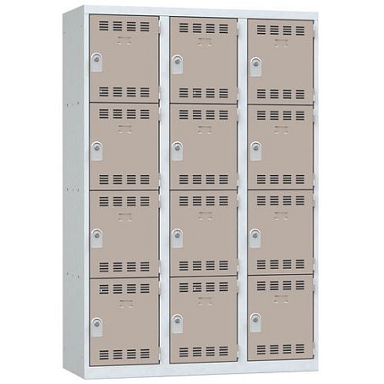 Svařovaná šatní skříň Vinco, 3 sloupce, 12 boxů, 400 mm, cylindrický zámek, šedá/hnědá