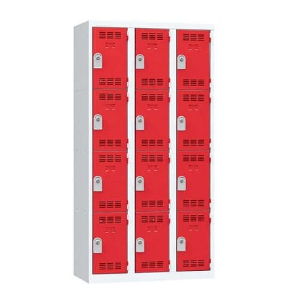 Svařovaná šatní skříň Vinco, 3 sloupce, 12 boxů, 300 mm, cylindrický zámek, šedá/červená