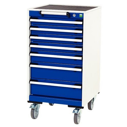 Mobilní zásuvková skříň Bott Cubio, 98,5 x 52,5 x 52,5 cm, 7 zásuvek, rohož, šedá-modrá