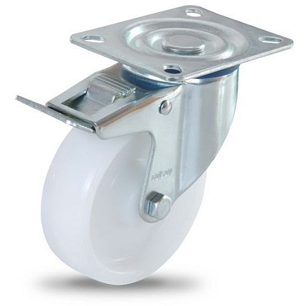 Polypropylenové transportní kolo s přírubou, průměr 125 mm, otočné s brzdou, kluzné ložisko