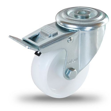 Polypropylenové transportní kolo se středovým otvorem, průměr 125 mm, otočné s brzdou, kluzné ložisko