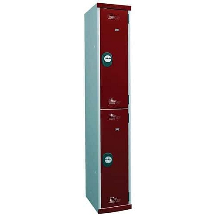 Svařovaná šatní skříň Acial, 2 oddíly, šířka 300 mm, šedá/červená, kódový zámek