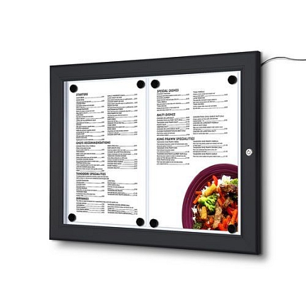 Osvětlená magnetická vitrína Menu Black, jednokřídlá, 2 x A4