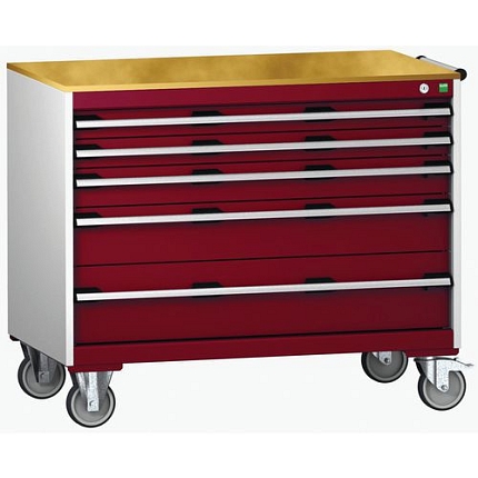 Mobilní zásuvková skříň Bott Cubio, 89 x 105 x 65 cm, 5 zásuvek, multiplex, šedá-červená