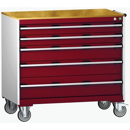 Mobilní zásuvková skříň Bott Cubio, 99 x 105 x 65 cm, 5 zásuvek, multiplex, šedá-červená