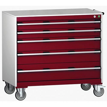 Mobilní zásuvková skříň Bott Cubio, 99 x 105 x 65 cm, 5 zásuvek, linoleum, šedá-červená