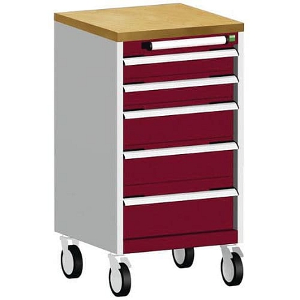 Mobilní zásuvková skříň Bott Cubio, 89 x 52,5 x 52,5 cm, 5 zásuvek, multiplex, šedá-červená