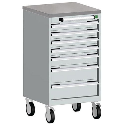 Mobilní zásuvková skříň Bott Cubio, 99 x 52,5 x 52,5 cm, 7 zásuvek, linoleum, šedá-modrá