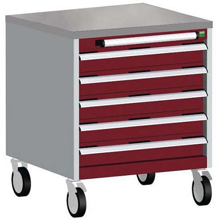 Mobilní zásuvková skříň Bott Cubio, 79 x 65 x 65 cm, 5 zásuvek, linoleum, šedá-červená