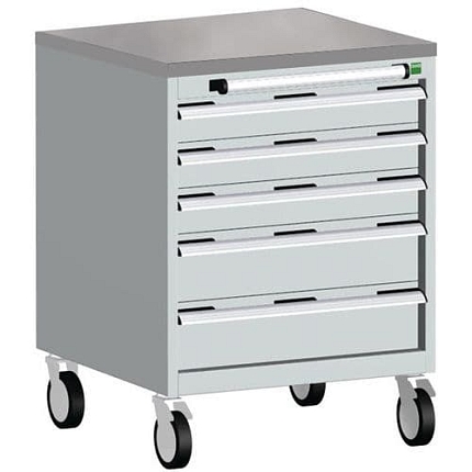 Mobilní zásuvková skříň Bott Cubio, 89 x 65 x 65 cm, 5 zásuvek, linoleum, šedá-šedá