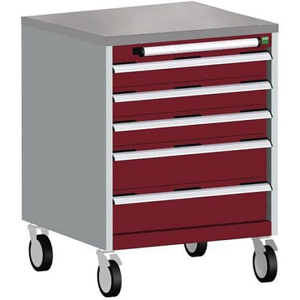 Mobilní zásuvková skříň Bott Cubio, 89 x 65 x 65 cm, 5 zásuvek, linoleum, šedá-červená