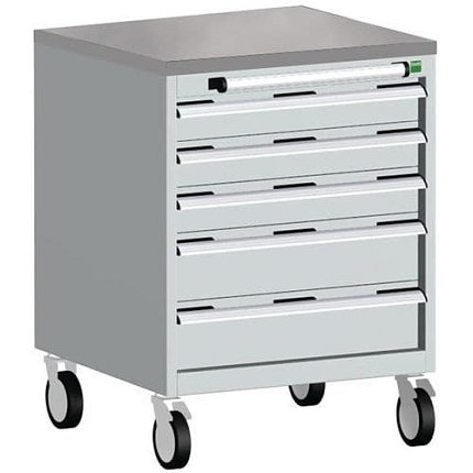 Mobilní zásuvková skříň Bott Cubio, 89 x 65 x 65 cm, 5 zásuvek, linoleum, šedá-modrá