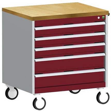 Mobilní zásuvková skříň Bott Cubio, 89 x 80 x 65 cm, 5 zásuvek, multiplex, šedá-červená