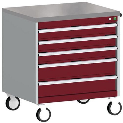 Mobilní zásuvková skříň Bott Cubio, 89 x 80 x 65 cm, 5 zásuvek, linoleum, šedá-červená