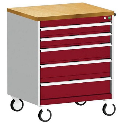 Mobilní zásuvková skříň Bott Cubio, 99 x 80 x 65 cm, 5 zásuvek, multiplex, šedá-červená