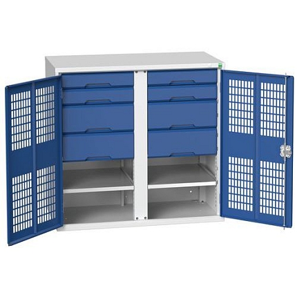 Kovová skříň pro údržbu Bott Verso, drátěné dveře, 100 x 105 x 55 cm, 2 police, 8 zásuvek, šedá-modrá