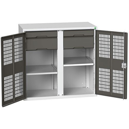 Kovová skříň pro údržbu Bott Verso, drátěné dveře, 100 x 105 x 55 cm, 2 police, 4 zásuvky, šedá-antracit