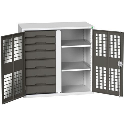 Kovová skříň pro údržbu Bott Verso, drátěné dveře, 100 x 105 x 55 cm, 2 police, 8 zásuvek, šedá-antracit