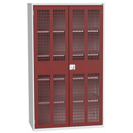 Dílenská skříň policová Bott Verso, drátěné dveře, 4 police, 200 x 130 x 55 cm, šedá-červená