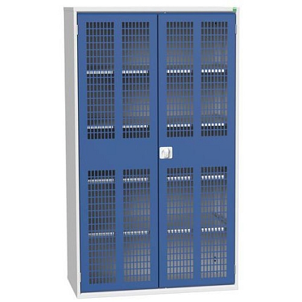 Dílenská skříň policová Bott Verso, drátěné dveře, 4 police, 200 x 130 x 55 cm, šedá-modrá