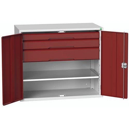 Dílenská skříň se zásuvkami Bott Verso, 100 x 130 x 55 cm, 1 police, 3 zásuvky, šedá-červená