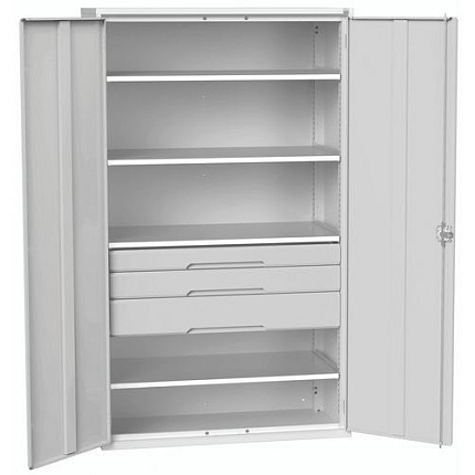 Dílenská skříň se zásuvkami Bott Verso, 200 x 130 x 55 cm, 4 police, 3 zásuvky, šedá-šedá