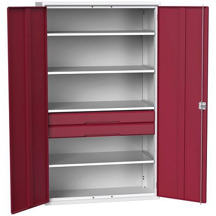 Dílenská skříň se zásuvkami Bott Verso, 200 x 130 x 55 cm, 4 police, 2 zásuvky, šedá-červená