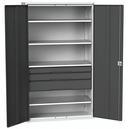 Dílenská skříň se zásuvkami Bott Verso, 200 x 130 x 55 cm, 4 police, 3 zásuvky, šedá-antracit