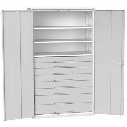 Dílenská skříň se zásuvkami Bott Verso, 200 x 130 x 55 cm, 3 police, 8 zásuvky, šedá-šedá