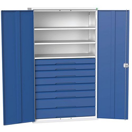 Dílenská skříň se zásuvkami Bott Verso, 200 x 130 x 55 cm, 3 police, 8 zásuvky, šedá-modrá