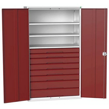 Dílenská skříň se zásuvkami Bott Verso, 200 x 130 x 55 cm, 3 police, 8 zásuvky, šedá-červená