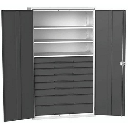 Dílenská skříň se zásuvkami Bott Verso, 200 x 130 x 55 cm, 3 police, 8 zásuvky, šedá-antracit