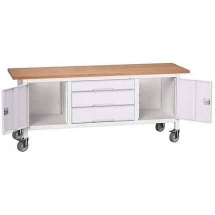Mobilní dílenský stůl Bott Verso Storage, 200 x 60 x 83 cm, multiplex, 3 zásuvky, 2 skříňky, šedá-šedá