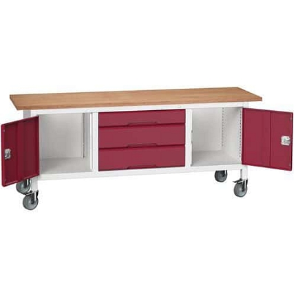 Mobilní dílenský stůl Bott Verso Storage, 200 x 60 x 83 cm, multiplex, 3 zásuvky, 2 skříňky, šedá-červená