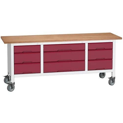 Mobilní dílenský stůl Bott Verso Storage, 200 x 60 x 83 cm, multiplex, 9 zásuvek, šedá-červená