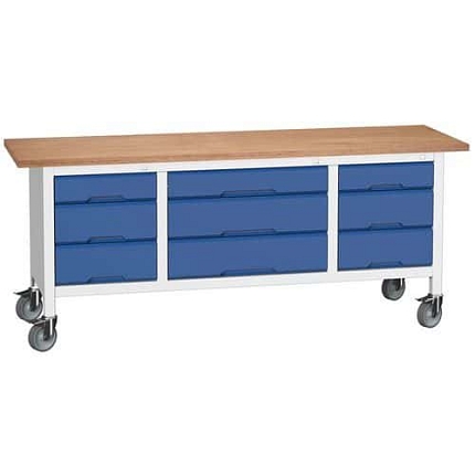 Mobilní dílenský stůl Bott Verso Storage, 200 x 60 x 83 cm, multiplex, 9 zásuvek, šedá-modrá